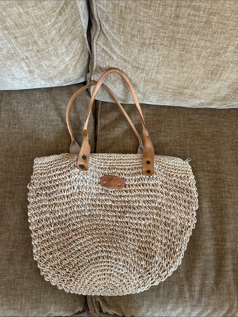 Woven Straw Tote Bag with Tan Leather Handles